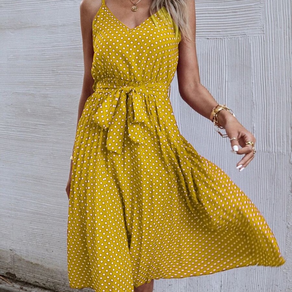 Boho Polka Dot Belted V neck Cami Dress Yellow - Picture 8 of 12